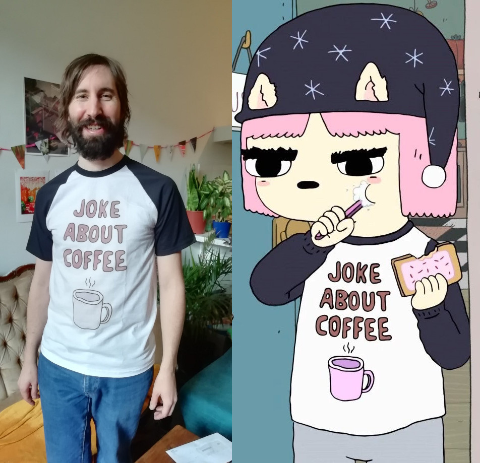 Gaeel wearing a t-shirt that reads "Joke About Coffee"